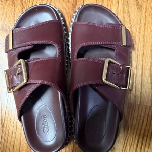 Chloe Burgundy Sandals with Gold Buckles